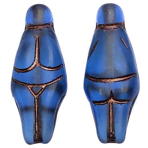 Czech Glass Beads Goddess 25x10mm (1) Sapphire Blue  w/Dark Bronze Wash