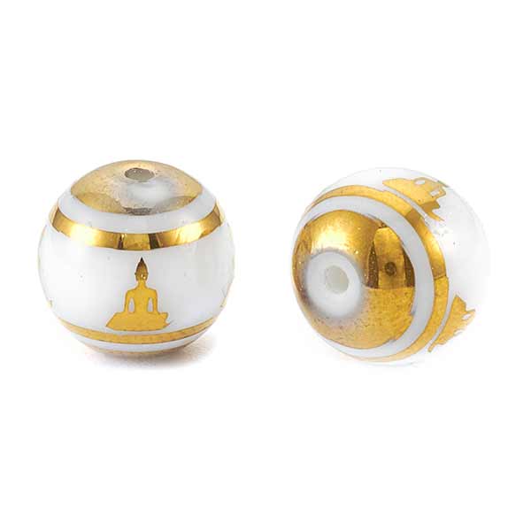 Glass Beads Round Buddha in Mediation 10mm (10) Metallic Gold White