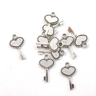 Cast Metal Charm Key Heart Small 12x10mm (10) Antique Silver