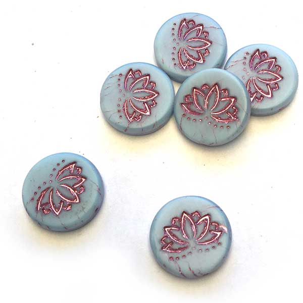 Czech Glass Beads Coin w/Lotus Flower 18mm (1) Misty Blue Silk Matte with Pink Wash
