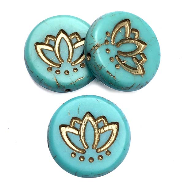 Czech Glass Beads Coin w/Lotus Flower 14mm (6) Turquoise Opaque Matte w/ Gold Wash