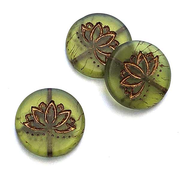 Czech Glass Beads Coin w/Lotus Flower 18mm (1) Olivine Green Transparent Matte w/ Dark Bronze Wash