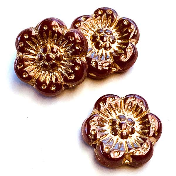 Czech Glass Beads Flower Wild Rose 14mm (10) Maroon Red Opaque Bronzed w/ Gold Wash