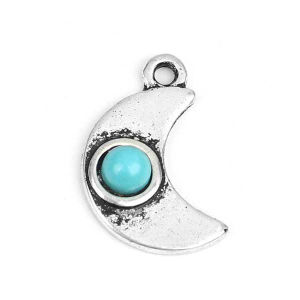Cast Metal Charm Moon Small Turquoise Stone 17x11mm (1) Antique Silver