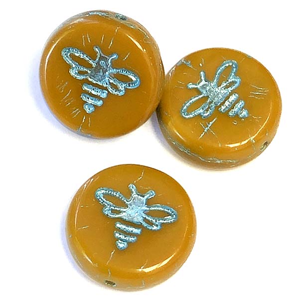 Czech Glass Beads Bee Pressed Coin 12mm (10) Mustard Yellow Opaque w/ Turquoise Wash