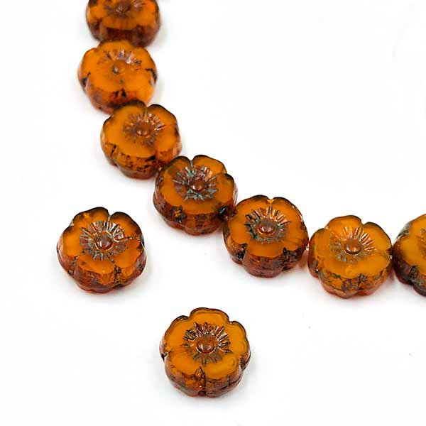 Czech Glass Beads Flower Hibiscus Hawaiian Small 9mm (10) Orange Opaline w/ Picasso