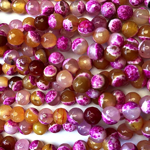 Agate Fire Beads Round 8mm Faceted Dyed - 1 Strand - Orange Hot Pink