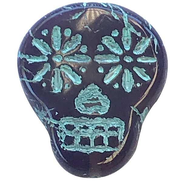 Czech Glass Beads Sugar Skull Flat 20x17mm (1) Purple Opaline w/ Turquoise Wash