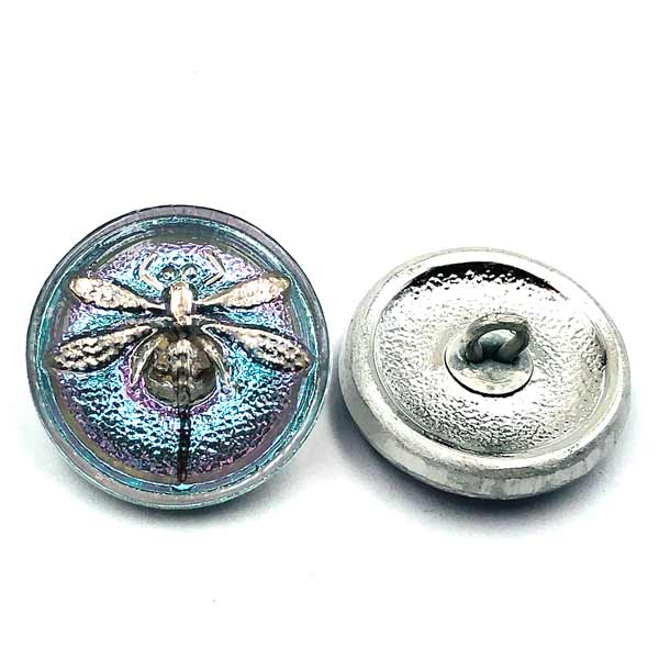Czech Glass Buttons 18mm (1) Dragonfly Aqua/Pink Iridescent w/ Platinum Paint