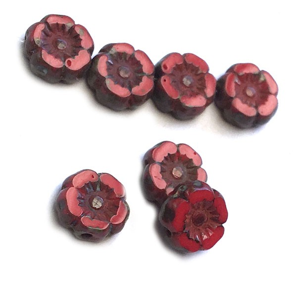 Czech Glass Beads Flower Hibiscus Hawaiian Mini 7mm (10) Coral Red w/ Picasso