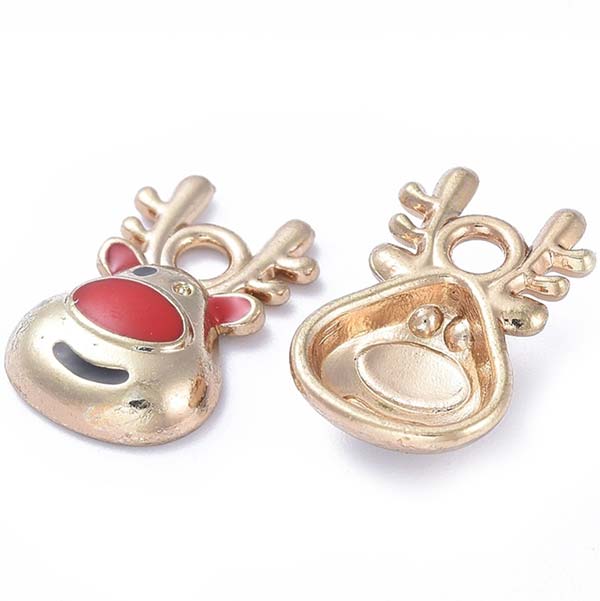 Cast Metal Charms Christmas Enamel Reindeer Red Nose Small 14x9mm (5) Gold