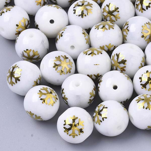 Glass Beads Round Christmas Snowflake 10mm (10) Gold