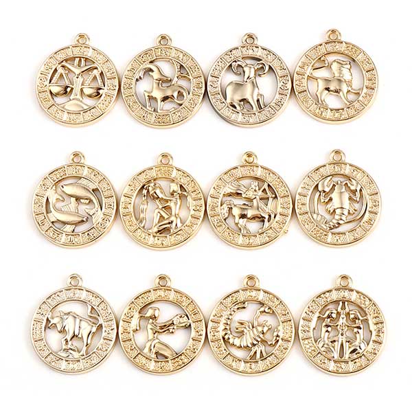 Cast Metal Charms Zodiac Signs Round 22x20mm (12) Gold