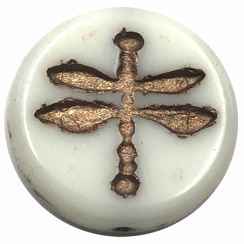 Czech Glass Beads Coin Dragonfly Pressed 18mm (1) Ivory Opaque w/ Dark Bronze