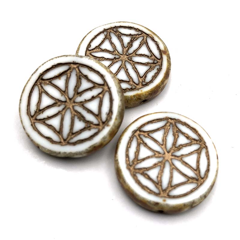 Czech Glass Beads Coin Flower of Life Table Cut 18mm (1) White w/ Picasso Finish & Bronze Wash