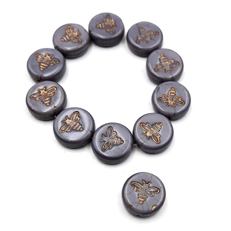 Czech Glass Beads Bee Pressed Coin 12mm (10) Purple Silk w/ Dark Bronze Wash