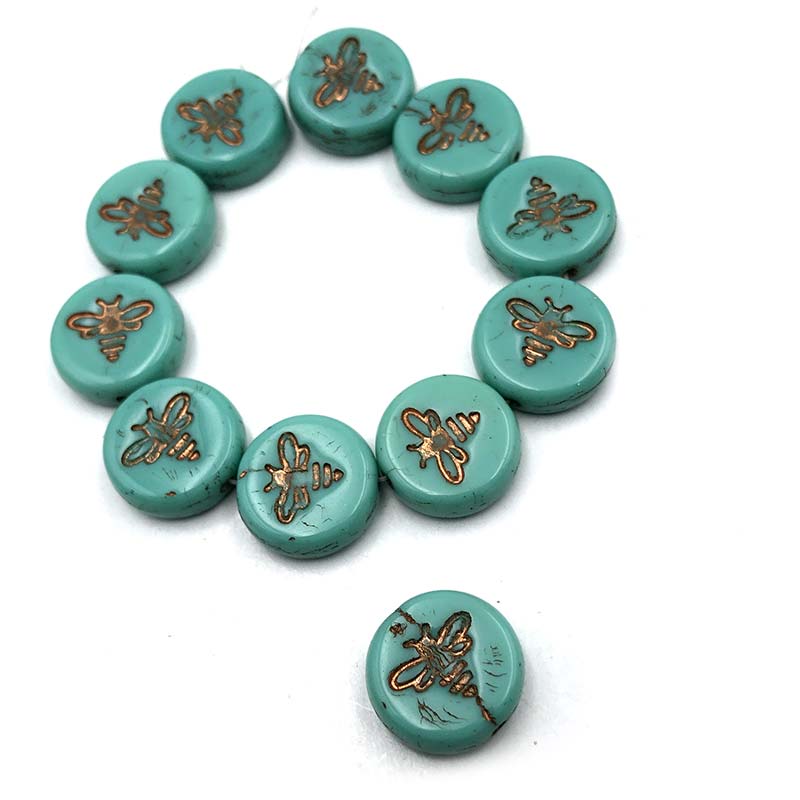 Czech Glass Beads Bee Pressed Coin 12mm (10) Turquoise w/ Dark Bronze Wash