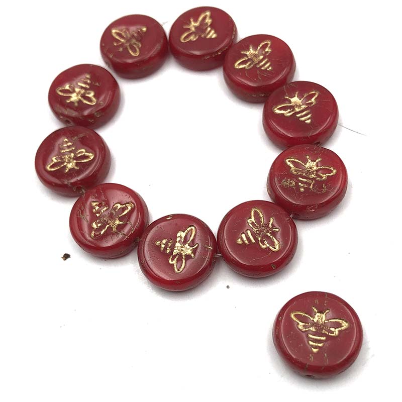 Czech Glass Beads Bee Pressed Coin 12mm (10) Red Opaline w/Gold