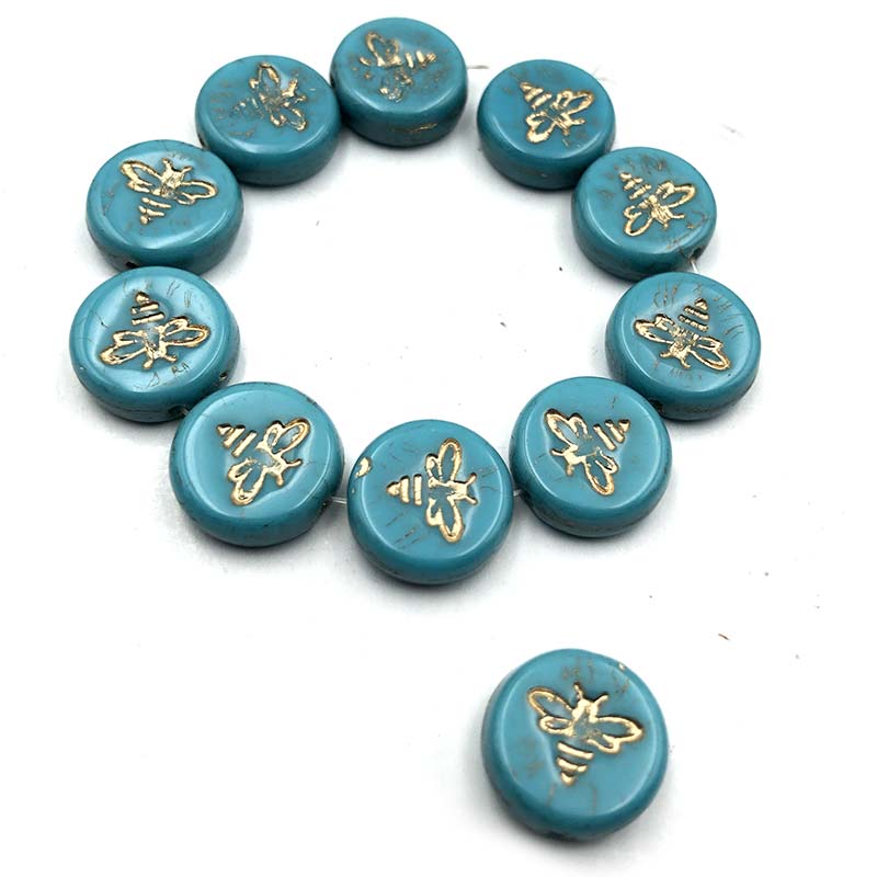 Czech Glass Beads Bee Pressed Coin 12mm (10) Tuquoise Blue w/Gold