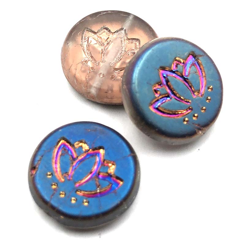 Czech Glass Beads Coin w/Lotus Flower 14mm (6) Matt Pink w/ Deep Purple/Orange Iridescent Half Coat