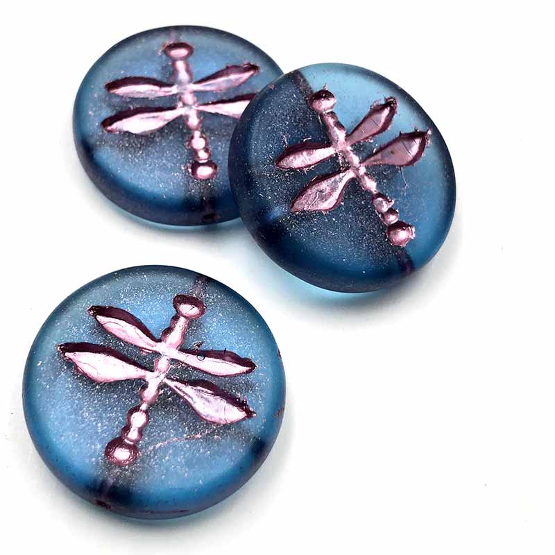 Czech Glass Beads Coin Dragonfly Pressed 18mm (1)  Sapphire Blue  Matte w/ Pink