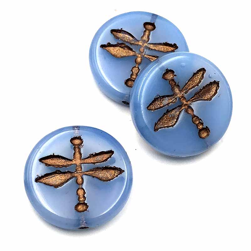 Czech Glass Beads Coin Dragonfly Pressed 18mm (1) Sapphire Blue Opaline w/ Dark Bronze