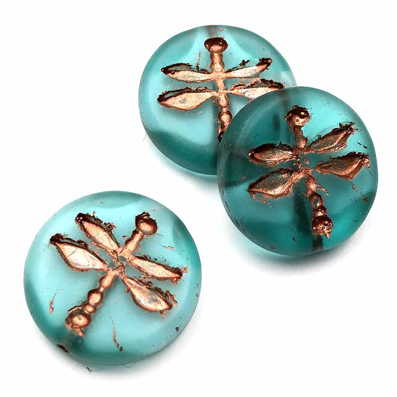 Czech Glass Beads Coin Dragonfly Pressed 18mm (1) Aqua Transparent Matte with White Core & Copper