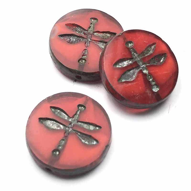 Czech Glass Beads Coin Dragonfly Table Cut 18mm (1)  Table Cut Coin with Dragonfly (18mm)  Burnt Orange Opaline w/ Picasso