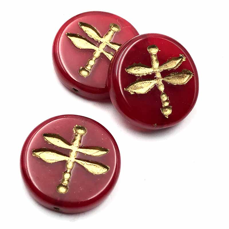 Czech Glass Beads Coin Dragonfly Pressed 18mm (1) Red Opaline w/ Gold
