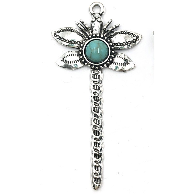 Cast Metal Pendant Turquoise Dragonfly 66x32mm (1) Antique Silver
