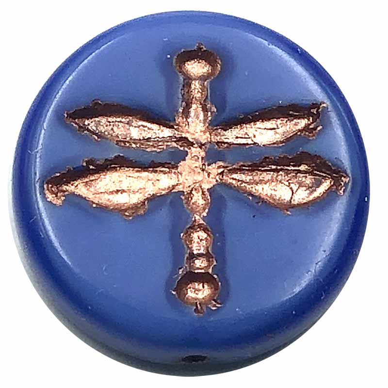 Czech Glass Beads Coin Dragonfly Pressed 18mm (1)  Royal Blue Silk w/ Copper Wash