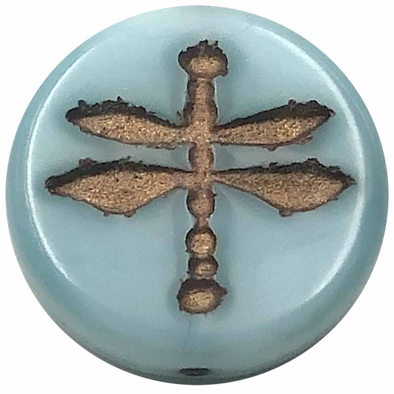 Czech Glass Beads Coin Dragonfly Pressed 18mm (1) Aqua Blue Silk w/ Dark Bronze