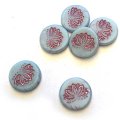 Czech Glass Beads Coin w/Lotus Flower 18mm (1) Misty Blue Silk Matte with Pink Wash