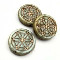 Czech Glass Beads Coin Flower of Life Table Cut 18mm (1) Mint w/ Picasso Finish & Gold Wash