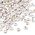 Acrylic Beads Flat Round Alphabet Letters 7mm (1000) White w/Gold Letters