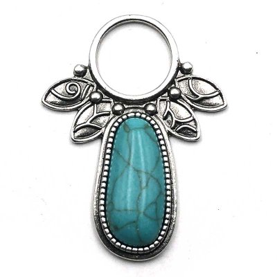 Cast Metal Pendant Turquoise Statement Ring with Leaves 43x32mm (1) Antique Silver