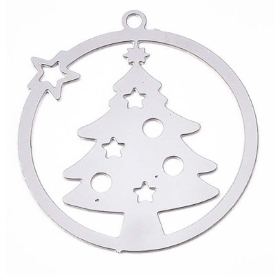 Stainless Steel 201 Charm Thin Christmas Tree in Circle 22x20mm (2) Silver Original