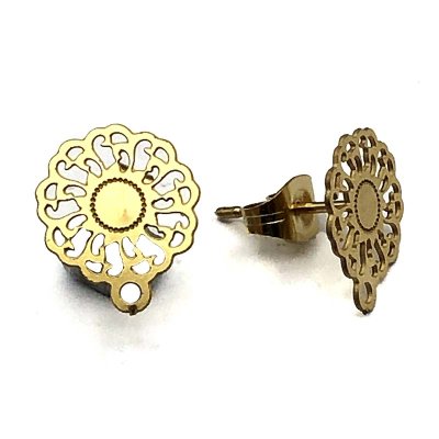Ear Stud Filigree Circle 304 Stainless Steel 13mm - 1 Pair - Includes Backs - GOLD