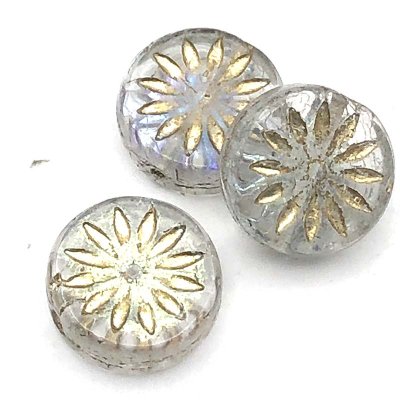 Czech Glass Beads Star Pressed Coin 12mm (10) Crystal Transparent w/ Aurora Borealis Finish & Gold Wash