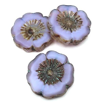 Czech Glass Beads Flower Hibiscus Hawaiian 22mm (1) Lilac Purple Satin w/ Picasso Finish & Aqua Wash