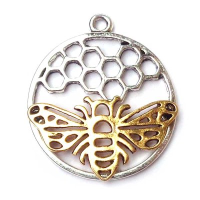 Cast Metal Charm Bee Gold Round Honeycomb 29x25mm (1) Antique Silver