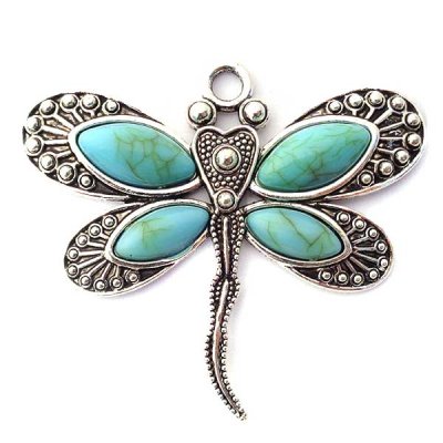 Cast Metal Pendant Dragonfly Boho 60x53mm (1) Turquoise - Antique Silver