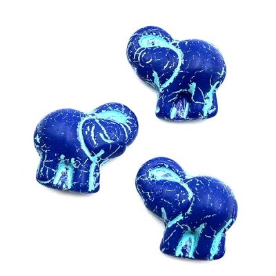 Czech Glass Beads Elephant 20x23mm (1) Matte Cobalt with Turquoise Wash
