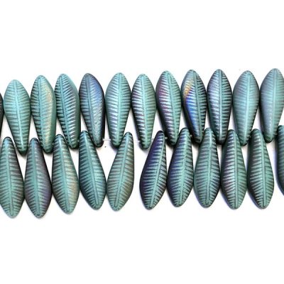 Czech Glass Beads Dagger Laser Etched Feather 16x5mm (25) Turquoise Opaque Matte w/Rainbow Finish