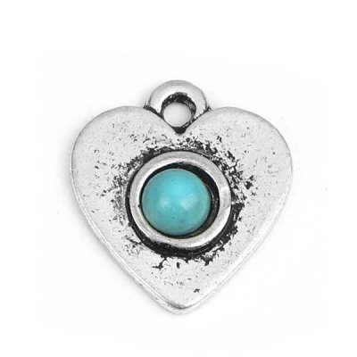 Cast Metal Charm Heart Small Turquoise Stone 15x13mm (1) Antique Silver