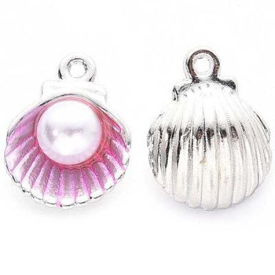 Cast Metal Charm Clam Shell w/Acrylic Pearl 15x11mm (5) Pink Silver