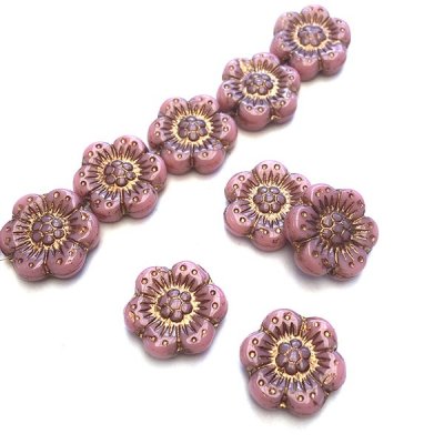 Czech Glass Beads Flower Wild Rose 14mm (10) Vintage Pink Opaque w/ Dark Bronze Wash