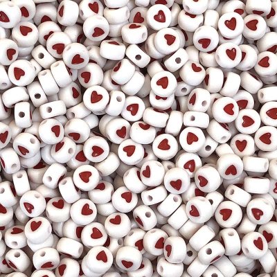 Acrylic Alphabet Beads Heart 4x7mm (50) White w/Red Heart