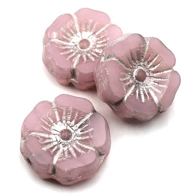 Czech Glass Beads Flower Hibiscus Hawaiian 12mm (6)  Light Pink Opaline w/ Platinum Wash