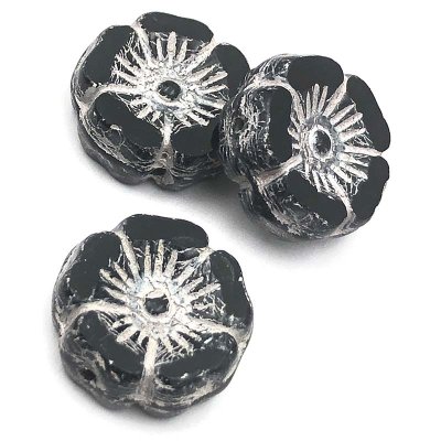 Czech Glass Beads Flower Hibiscus Hawaiian 12mm (6)   Jet Black Opaque w/ White/Silver Wash
